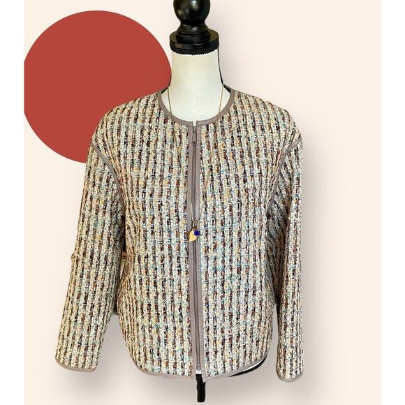 Lafayette 148 WOMENS Spring Tan Beige Coral Aqua Tweed Zip Blazer Jacket Size M - Picture 6 of 13